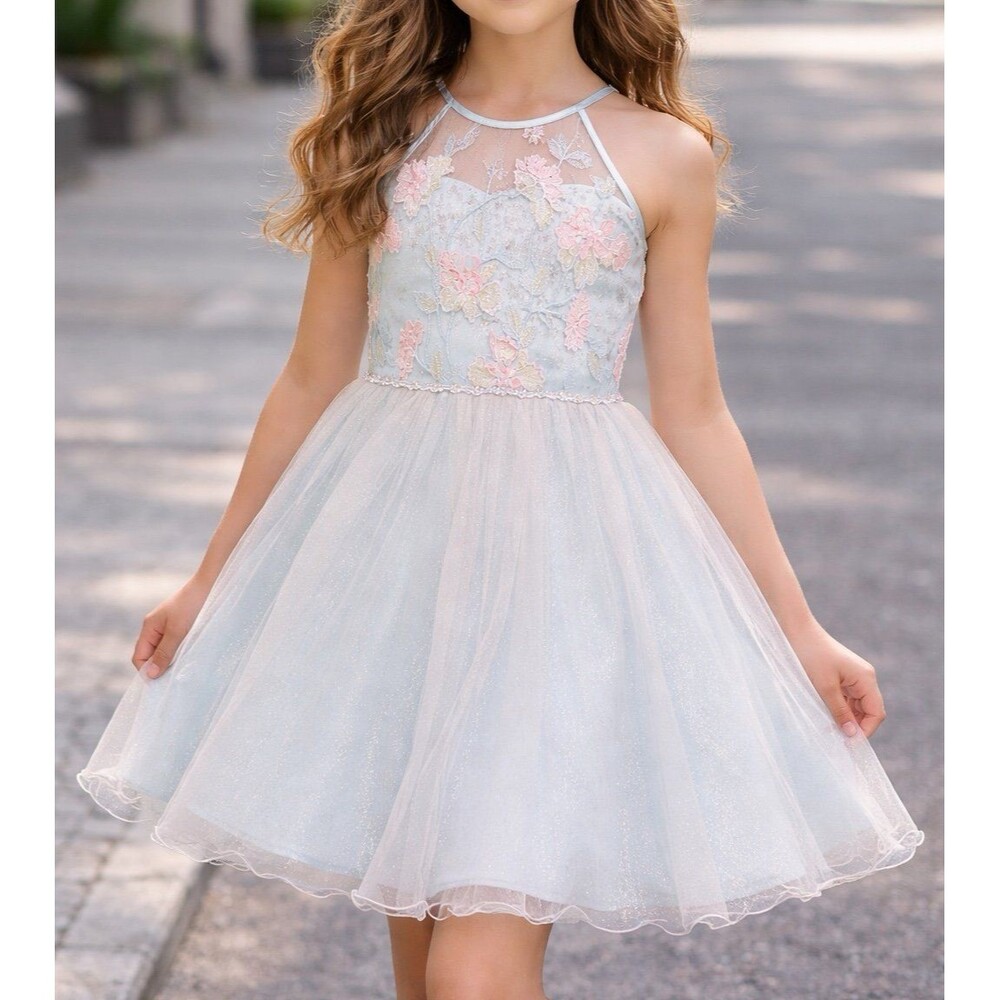Girls Size 16 Floral Embroidered Halter Neckline Rhinestone waist Tulle Dress